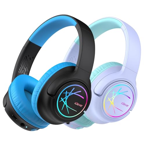 iClever BTH18 Kids Bluetooth Headphones LED Lights for Toddler Boys Girls | SafeSound Tech, 43H Playtime Stereo Sound, USB C Charging AUX Cable, Over Ear Kids Headphones Wireless for iPad/Tablet/Travel - color: Purple & Black