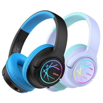 iClever BTH18 Kids Bluetooth Headphones LED Lights for Toddler Boys Girls | SafeSound Tech, 43H Playtime Stereo Sound, USB C Charging AUX Cable, Over Ear Kids Headphones Wireless for iPad/Tablet/Travel - color: Purple & Black