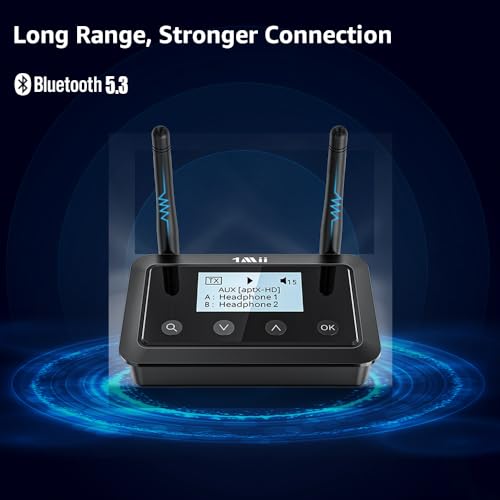 1Mii B03+ Bluetooth 5.3 Transmitter Receiver for TV Home Stereo | LCD Screen, aptX Adaptive/Low Latency/HD, Dual Link, Wireless Audio Adapter with Optical/RCA/3.5mm AUX, Soundbar Passthrough