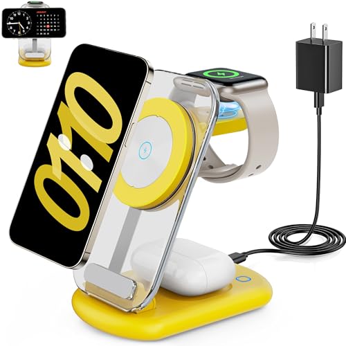 RYND 2026 Traveling Wireless Mag-Safe Fast Charging Station,Magnetic 3 in 1 Charger with Light for iPhone 16 15 14 13 12 Pro Max Plus,Apple Watch Series & Air pods 4 3 2 Pro-Gifts for Wife & Husband - color: Yellow