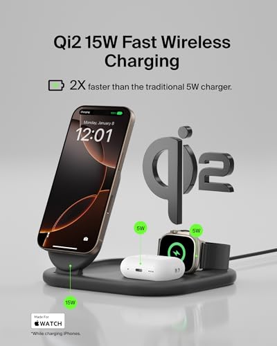 Belkin Qi2 Magnetic Wireless Charging Station, 3 in 1 Foldable Charger | MagSafe compatible, Apple Watch, AirPods, Qi2 certified, wireless charging station, travel stand - color: Black