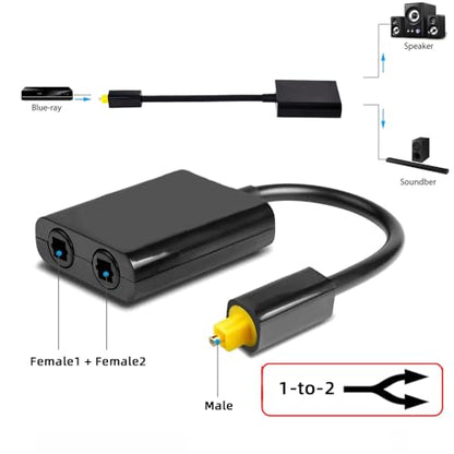 Dual Port Toslink Digital Optical Audio Splitter Adapter Fiber Optic Audio Cable 1 in 2 Out Black