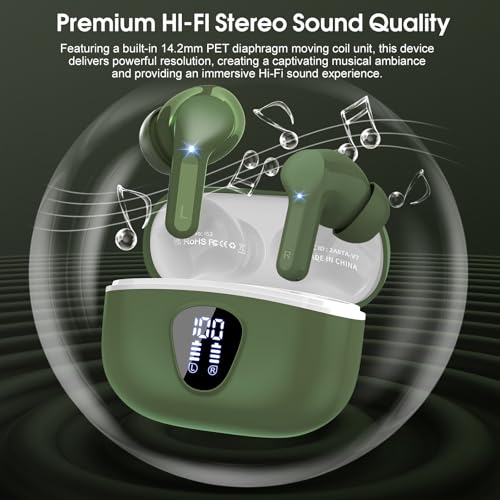 BESNOOW I53 ENC Wireless Earbuds Bluetooth 5.4 HiFi Stereo in Ear Ear Buds | With ENC Noise Cancelling Mic, IP7 Waterproof in Ear Earphones,48H, LED Display Ear buds for Pad Phones Workout Sports, Green - color: Green