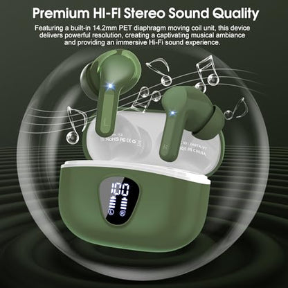 BESNOOW I53 ENC Wireless Earbuds Bluetooth 5.4 HiFi Stereo in Ear Ear Buds | With ENC Noise Cancelling Mic, IP7 Waterproof in Ear Earphones,48H, LED Display Ear buds for Pad Phones Workout Sports, Green - color: Green