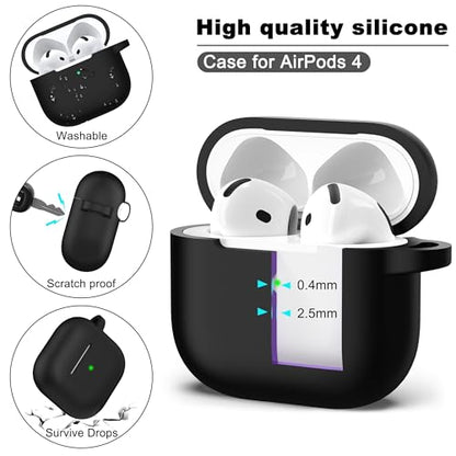 for AirPods 4 Case Silicone Protective Cover, Black | Compatible for Apple AirPods 4th Generation with Cleaner Kit & Keychain, Wireless Charging Compatible - color: Black