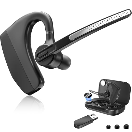 Herloreen Bluetooth Headset with Mic, USB Dongle & Charging Case for Work | Wireless Earpiece for PC Laptop, 48H Talk Time, Noise Canceling Mic, , for Remote Work, Call Center, Trucker, Business - style: Headset + Charge Case + USB Dongle-HLK30