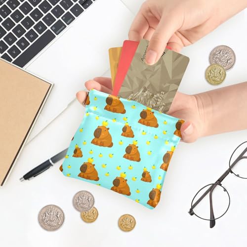 Leather Waterproof Portable No Zipper Purse, Coin Pocket Pouch Change Holder, Small Storage Bag for Men Women Headset Credit Card ID Key Lipstick, (Cute Capybaras)
