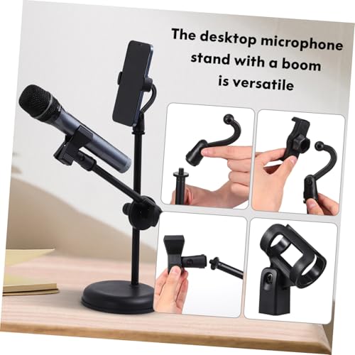 Luxshiny Desktop Mic Stand Adjustable Tabletop Microphone Stand with Mic Clip Holder Phone Clip Holder Metal Adapter Round Base for Home Recording Podcasting Broadcasting