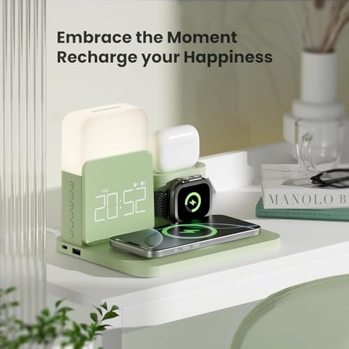 7 in 1 Charging Station for iPhone, Wireless Charging Station, Alarm Clock, Night Light, Wireless Charger for iPhone 17 16 15 14 13 12 Pro Max & Apple Watch - Charging Stand Dock for AirPods(Green) - color: Green