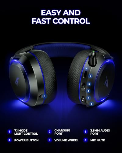 Wireless Gaming Headset, 7.1 Surround Sound, 2.4GHz USB Gaming Headphones with Bluetooth 5.4, 100H Battery, ENC Noise Canceling Mic, RGB Light, Wireless Headset for PC PS5 PS4 Mac Switch (Black-Blue) - color: Black-Blue