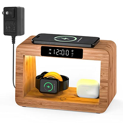 Bamboo Wireless Charging Station, Night Light with Digital Alarm Clock, Nightstand Charging Station for Apple Devices, Fast Wireless Charger for iPhone/Apple Watch/AirPods Pro