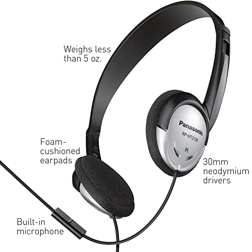 Panasonic Headphones, On-Ear Lightweight Earphones with Microphone and XBS for Extra Bass and Clear, Natural Sound, 3.5mm Jack for Phones and Laptops, Work from Home - RP-HT21M (Black & Silver) - size: 36 x 6.7 x 0.5 inches (Pack of 1), style: On Ear - Wi