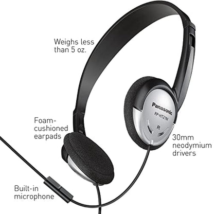Panasonic Headphones, On-Ear Lightweight Earphones with Microphone and XBS for Extra Bass and Clear, Natural Sound, 3.5mm Jack for Phones and Laptops, Work from Home - RP-HT21M (Black & Silver) - size: 36 x 6.7 x 0.5 inches (Pack of 1), style: On Ear - Wi