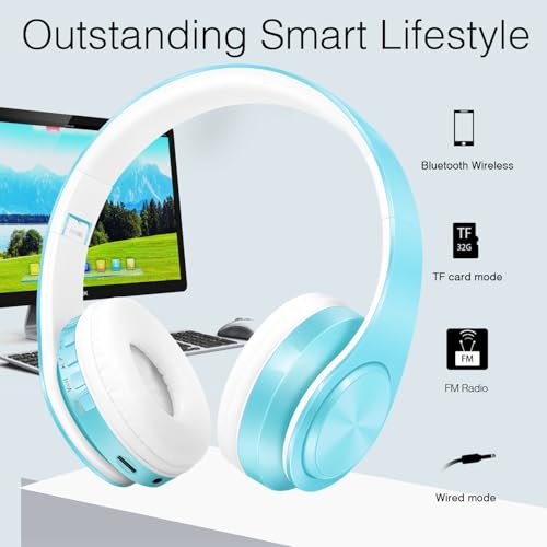 RAT TAIL V5.3 Bluetooth Headphones Over-Ear, Foldable Wireless and Wired Stereo Headset Micro SD/TF, FM for Cell Phone,PC,Soft Earmuffs &Light Weight for Prolonged Wearing (Blue) - color: Blue
