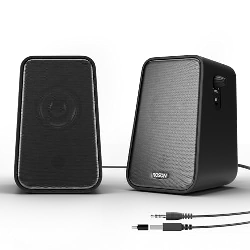 ROSON Computer Speaker, Compact Size Speaker with Headphone Jack, Enhanced Bass and Volume Control, Stereo 2.0 USB Powered 3.5mm Aux Multimedia Speakers for Laptop/Desktop/Tablets/Phone