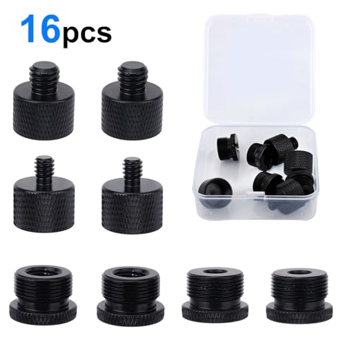 16pcs Mic Stand Adapter Parts Set, 5/8 to 3/8 & 5/8 to 1/4 Aluminum Microphone Holder Thread Screw Adapters Accessories Replacement for Mic Audio Stand Boom Arm Camera & Tripod