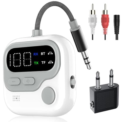 ELZO Bluetooth 5.4 Transmitter Receiver for Airplane, 2-in-1 Transmitter Receiver with 25Hrs Battery for 2 Airpods/Wireless Headphone, 3.5mm AUX Adapter Dongle Low Latency for Travel/TV/Car Stereo/Gym