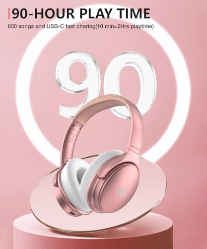 INFURTURE H1 Active Noise Cancelling Bluetooth Headphone Over Ear Deep Bass | Comfortable, Hi-Fi Stereo, 90H Playtime, Low Latency, Foldable Lightweight for Travel, Office, Sport Running - Pink - color: Rose gold