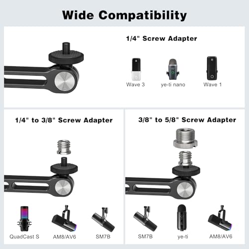 Mic Stand Desk, 360° Rotatable Desktop Microphone Stand, Max Load 4.4 lb, Adjustable Microphone Desk Stand Mount with 1/4“ 3/8“ 5/8” Screw and 2 Mic Clip, for Recording Podcasting Streaming Studio