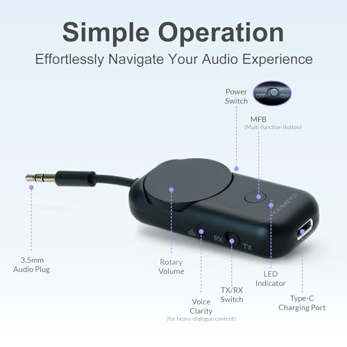 Bluetooth 5.3 Airplane Adapter, Rotary Volume, aptX Low Latency & Adaptive, 25 Hrs, Use with Any 3.5mm Jack on Airplanes, TVs, Car, Gym, Ideal for AirPods, Headphones and More, Black - color: Black