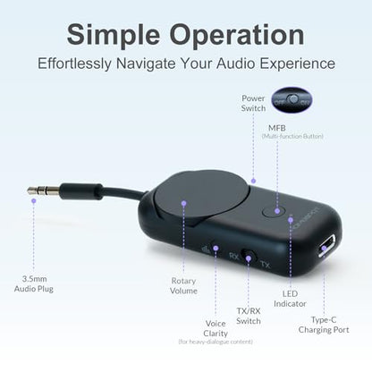 Bluetooth 5.3 Airplane Adapter, Rotary Volume, aptX Low Latency & Adaptive, 25 Hrs, Use with Any 3.5mm Jack on Airplanes, TVs, Car, Gym, Ideal for AirPods, Headphones and More, Black - color: Black