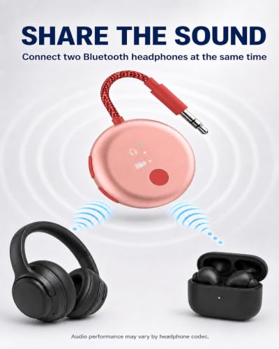 Avantree SoundJet R1-25Hr Airplane Bluetooth Adapter for All AirPods | Qualcomm Chip & aptX Adaptive, Wireless Audio Transmitter for Flight Travel, Works with Bose & Other Headphones - color: 2. Pink