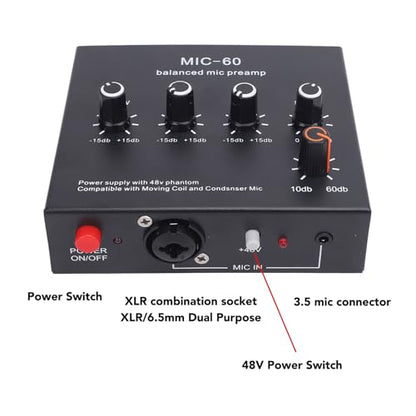 Balanced Microphone Preamp, 48V Power Mic Gain Booster with XLR/6.35mm/3.5mm Input Output for Dynamic and Condenser Mic, 60dB Gain, Low Noise, for Vocal Recording Podcast L
