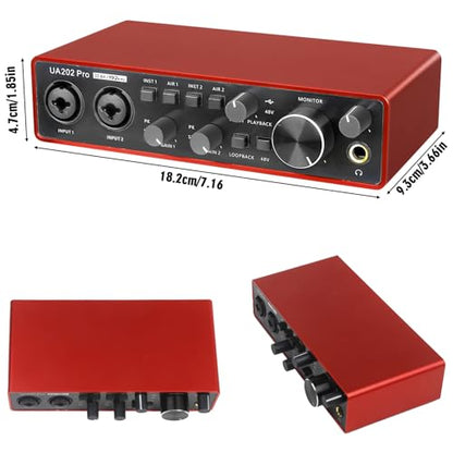 USB Audio Interface for Computer Recording Music(Red), 2 Channel Guitar Audio Interface, 32Bit/192kHz Podcasting Streaming with 48V Phantom Power