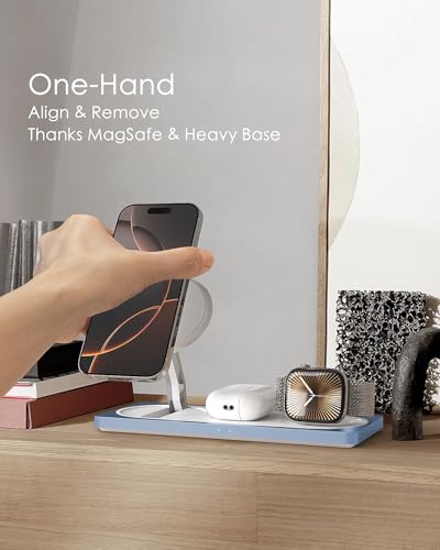 3 in 1 Wireless Charging Station for Apple Devices with MagSafe | For iPhone 17/Air/16/15/14/13/12, AirPods & Apple Watch, Foldable Portable Aluminum Charging Stand, Adapter Included - color: Blue