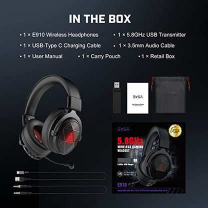 EKSA E900X 5.8G Wireless Gaming Headset with Micphone for PC PS4, PS5, Computer, Laptop - Dual Mic ENC Call Noise Cancelling Headphones - 7.1 Srround Sound - Over Ear Headphones for TV, Music, Meeting