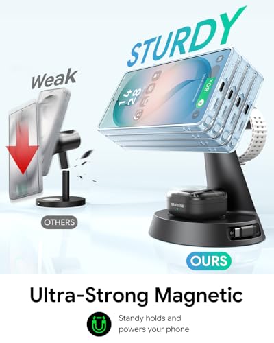 Meifigno 4 in 1 Magnetic Charger for Samsung with 20W Fast Retractable Cable, Wireless Charging Station Designed for MagSafe Charger Stand for Galaxy S26 Ultra Z Fold7/Flip7/Galaxy Watch Ultra 8/Buds