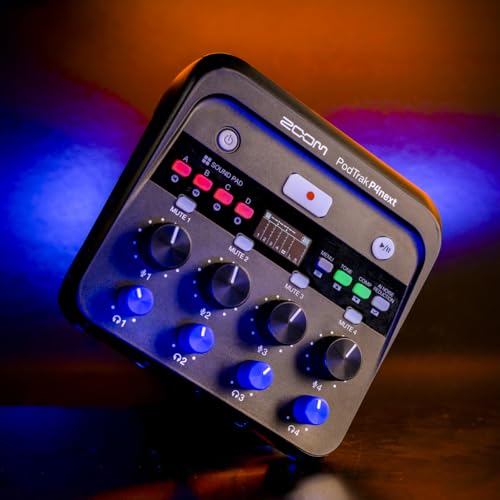 Zoom PodTrak P4next Podcast Recorder with 4 Inputs + AI Noise Reduction | 4 Mic Inputs, 4 Headphone Outputs, Sound Pads, Phone Input, USB Audio Interface, Battery Powered for Podcasting