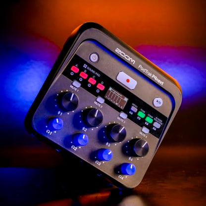 Zoom PodTrak P4next Podcast Recorder with 4 Inputs + AI Noise Reduction | 4 Mic Inputs, 4 Headphone Outputs, Sound Pads, Phone Input, USB Audio Interface, Battery Powered for Podcasting
