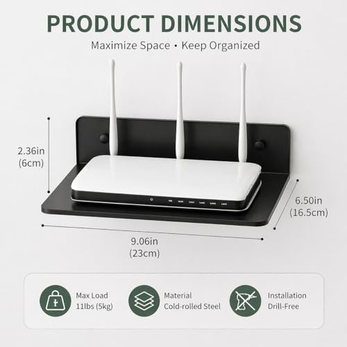 Sturdy Aluminum Wall Mounted Shelf for WiFi Router Projector Set Top Box No Drilling