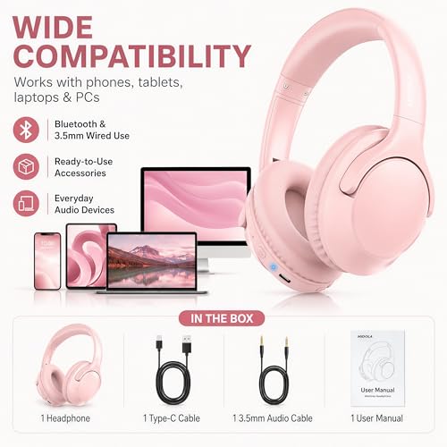 MIDOLA Bluetooth Headphones Over Ear 68H Playtime 6 EQ Wireless Headset with Microphone HiFi Stereo Foldable Lightweight Deep Bass for Travel Home Office Cellphone Pink | Adjustable Headband Foldable Over-Ear Lightweight for Office/Travel/Tablet/iPad/Lapt