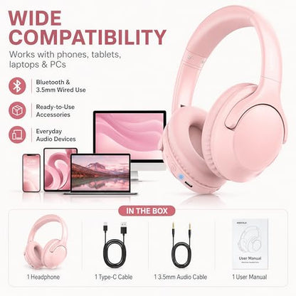 MIDOLA Bluetooth Headphones Over Ear 68H Playtime 6 EQ Wireless Headset with Microphone HiFi Stereo Foldable Lightweight Deep Bass for Travel Home Office Cellphone Pink | Adjustable Headband Foldable Over-Ear Lightweight for Office/Travel/Tablet/iPad/Lapt
