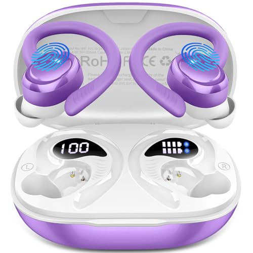 Hupoaf Wireless Earbuds Sport, 2025 Bluetooth 5.4 Headphones with Earhooks, 50H Stereo Deep Bass Over Ear Buds with 4 ENC Noise Canceling Mics, IP7 Waterproof Earphones for Running Workout Gym -Purple - color: D-Purple