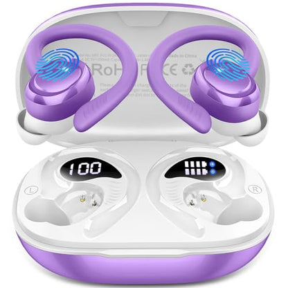 Hupoaf Wireless Earbuds Sport, 2025 Bluetooth 5.4 Headphones with Earhooks, 50H Stereo Deep Bass Over Ear Buds with 4 ENC Noise Canceling Mics, IP7 Waterproof Earphones for Running Workout Gym -Purple - color: D-Purple
