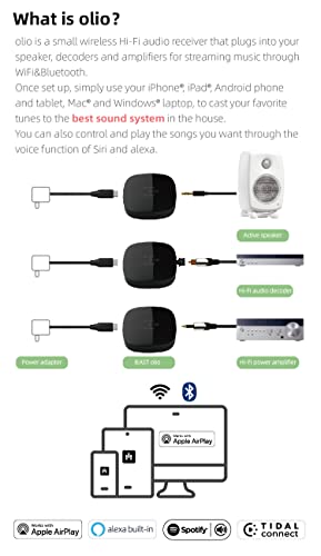 Olio AirPlay 2 Wireless Audio Receiver Adapter — WiFi & Bluetooth Music Streamer with Hi-Res 24bit/192kHz Output, Multiroom Audio, Spotify & Tidal Connect, Works with Siri&Alexa