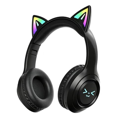 Cat-Ear Wireless Headphones Bluetooth 5.3 Over the Ear Headphones with RGB Light Built-in Mic Foldable Fashionable Stereo Headset Support TF Card for Gaming Travel PC Phone iPad（Matte Black） - color: Matte Black