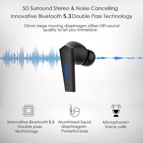 Wireless Earbuds, Yi-shaney Bluetooth 5.2 Bass Sound Headphones Gaming Earphones with Touch Control, Noise Cancelling Waterproof Headset with Mic, 18H Play Time, 65ms Low Latency (Black)