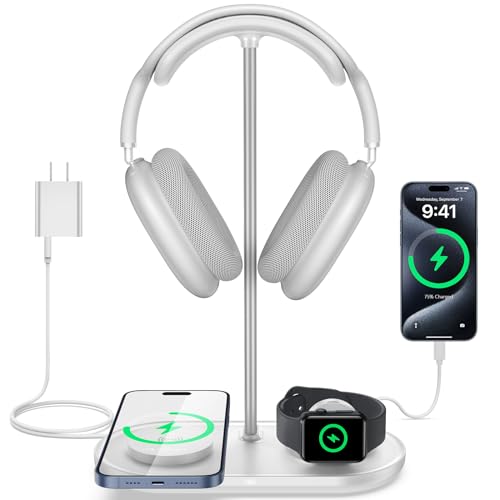 TopMade 5-in-1 Headphone Stand for Desk with Wireless Charger & USB Charger for iPhone/AirPods/iWatch/Samsung, Universal Desktop Headset Stand for AirPods Max, Bose, Beats and More, White