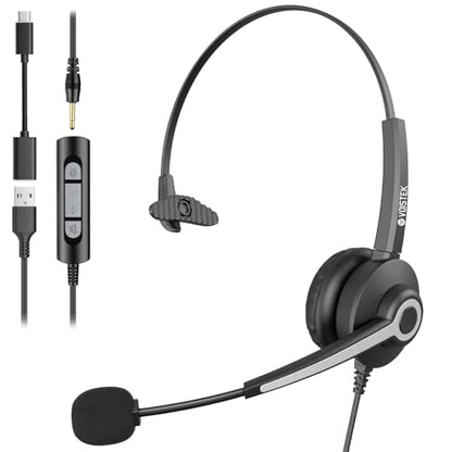 Voistek USB Headset with Microphon,Single-Ear Headset for PC Laptop | Noise Cancelling Mic,3.5mm Plug,USB-A Cable & USB-C Adapter,In-Line Volume Control,Mute Button for Teams Zoom,Home Office - color: Ink Black