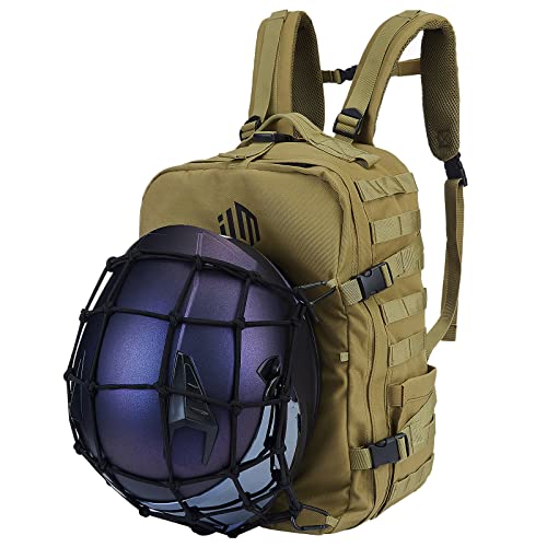 ILM Motorcycle Helmet Backpack 30L Large Capacity Waterproof Helmet Holder, Tactical Backpack for Men Women Riding Hiking Model BP01(Yellow Brown)