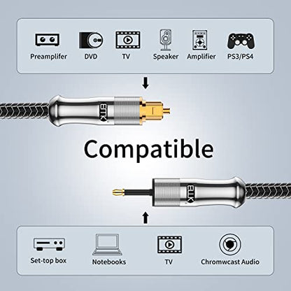 EMK 24K Gold-Plated Toslink to Mini Toslink Cable (3ft/1M) - Digital Optical Audio Cable with 3.5mm Mini Plug for Soundbar, Home Theater, TV - Silver SPDIF Fiber Optic Cable - color: Silver, size: 3 Feet/1M, style: 3.5MM Mini Toslink