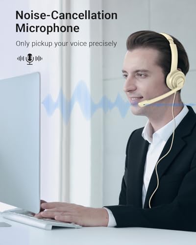 NUBWO HW02 USB Headset with Microphone Noise Cancelling &in-line Control, Ultra Comfort Computer Headset for Laptop pc, On-Ear Wired Office Call Center Headphone for Boom Skype Webinars (Apricot) | Ultra Comfort Computer Headset for Laptop pc, On-Ear Wire