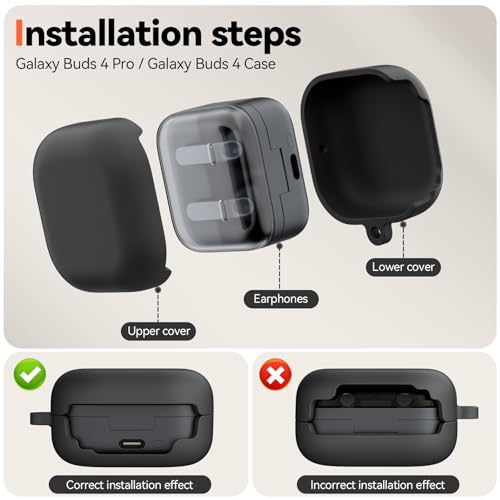Inesore for Galaxy Buds 4 Pro & Galaxy Buds 4 Case (Black) | Skin Friendly Silicone Material, with A Multifunctional Cleaning Pen Tool and Keychain, Scratch Resistant, Slip Resistant - color: Black