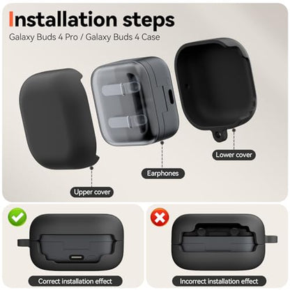 Inesore for Galaxy Buds 4 Pro & Galaxy Buds 4 Case (Black) | Skin Friendly Silicone Material, with A Multifunctional Cleaning Pen Tool and Keychain, Scratch Resistant, Slip Resistant - color: Black