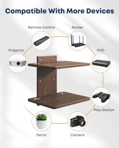 Floating TV Projector Shelf Wall Mount - 2 Tier Wooden Shelf, Walnut Brown | Home Decor, Cable Management, DVD Player, Router, Game Console, Cable Box, Play Station, Holds Up to 22lbs per Shelf - size: 2-Tier Shelf
