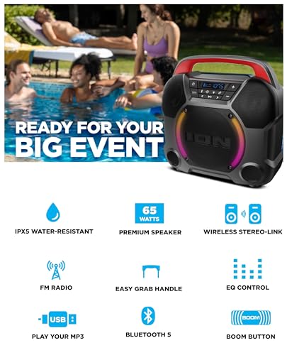 ION Audio Pathfinder Go Wireless Bluetooth Beach Speaker IPX5 Water-Resistant for Pool Party Music Events, Indoor and Outdoor Parties - 2 Pack Bundle (Renewed)